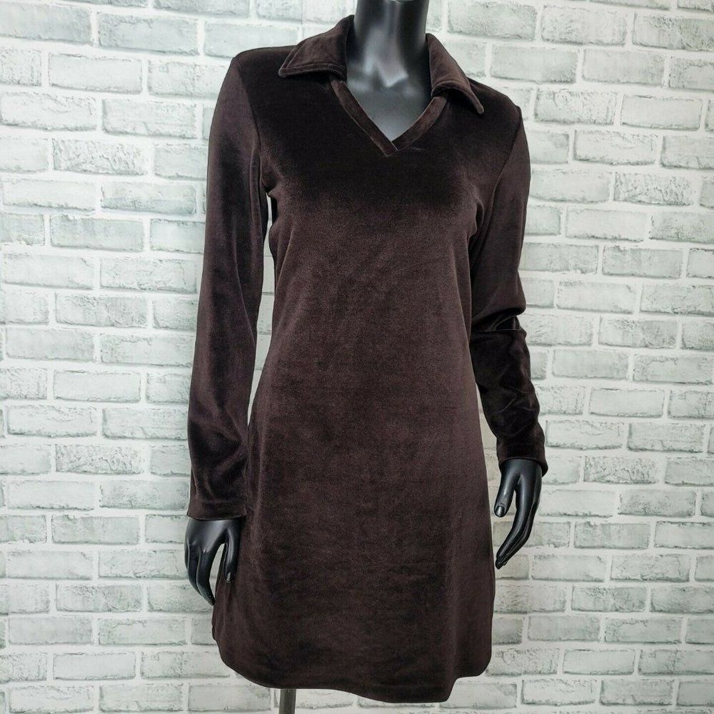 Vintage 90s Limited America XS Brown Velour Long Sleeve Collared Mini Aline Dres